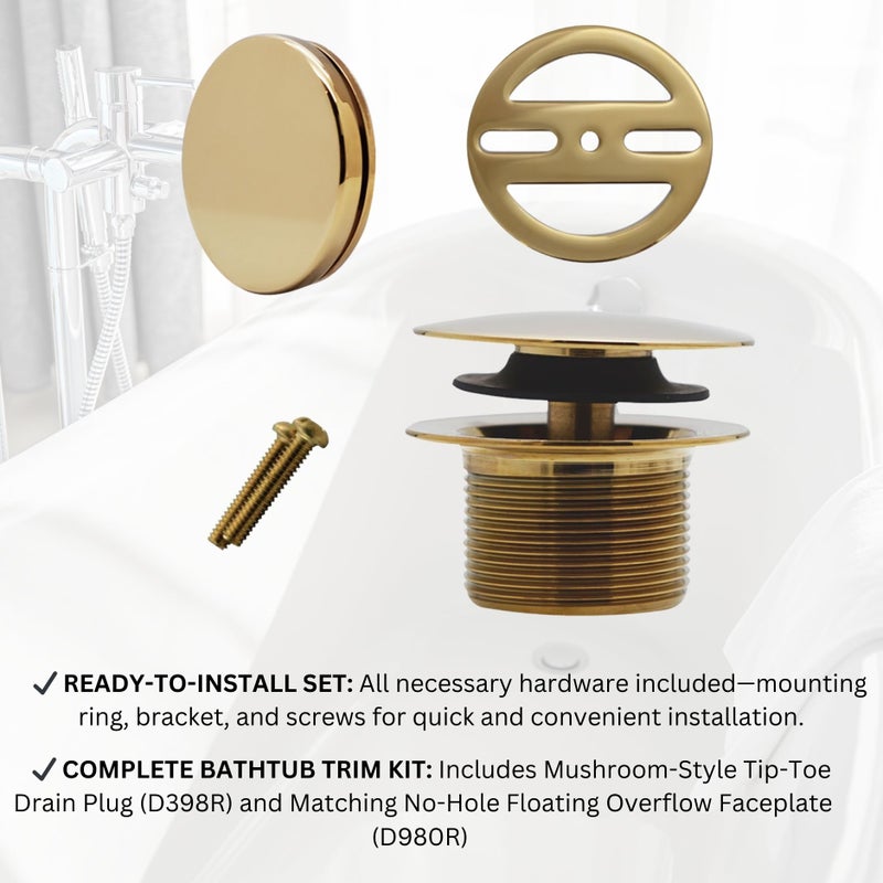 Westbrass Mushroom Tip-Toe Tub Trim Set with Floating Faceplate, Polished Brass, D398RK-01 - Image 4